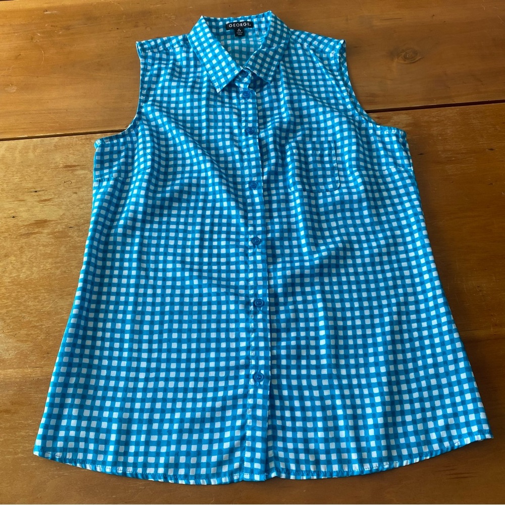Blue White Checkered Gingham Sleeveless Button-up Shirt Summer Preppy Farmcore